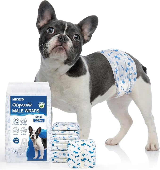 MICOOYO Dog Diapers Male Disposable Super Absorbent Male Dog Wraps Lighter Dogs Diaper Leakproof Puppy Diapers Doggie Diaper with Wetness Indicator (S, 20Counts)