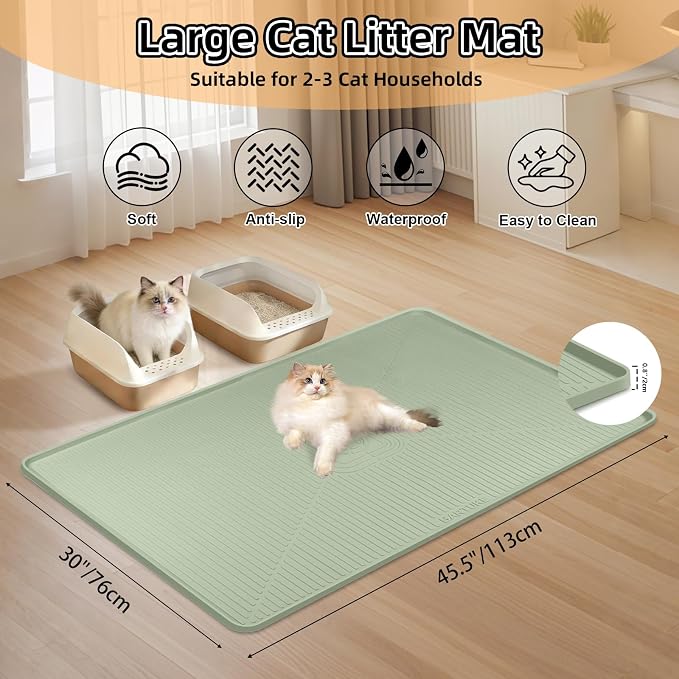 Silicone Cat Litter Mat, 45" x 30" Extra Large Litter Trapping Mat for Litter Box, Leak-Proof, Non-Slip, Kitty Litter Mats with Soft Texture for Floor, Keeping The Floor Clean (Green)