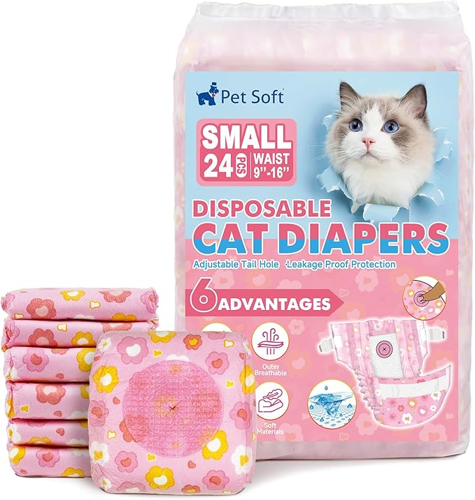 Pet Soft Disposable Cat Diapers - Diaper for Female & Male Cats, Puppy Doggie Diapers for Female Dogs with Adjustable Foam Tail Hole, Small (24Pcs, PK Flowers)