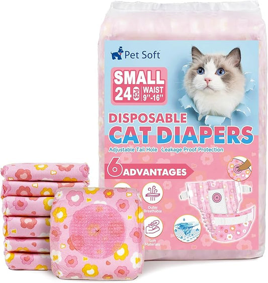 Pet Soft Disposable Cat Diapers - Diaper for Female & Male Cats, Puppy Doggie Diapers for Female Dogs with Adjustable Foam Tail Hole, Small (24Pcs, PK Flowers)