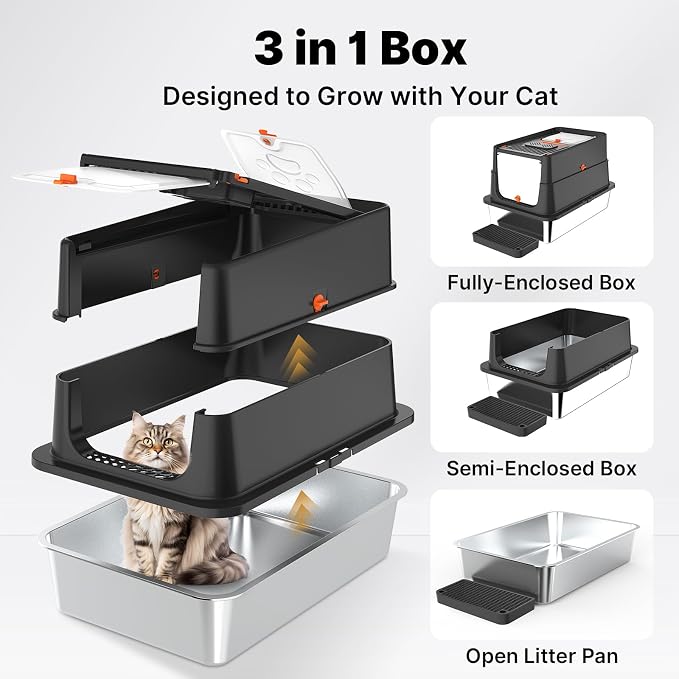 Stainless Steel Litter Box with Flip Lid, XL Extra Large Cat Litter Box with High Sided Top Entry Design, Anti-Leakage Enclosed Metal Litterbox for Big Cats, with Handle, Mat, Pedal & Scoop, Black