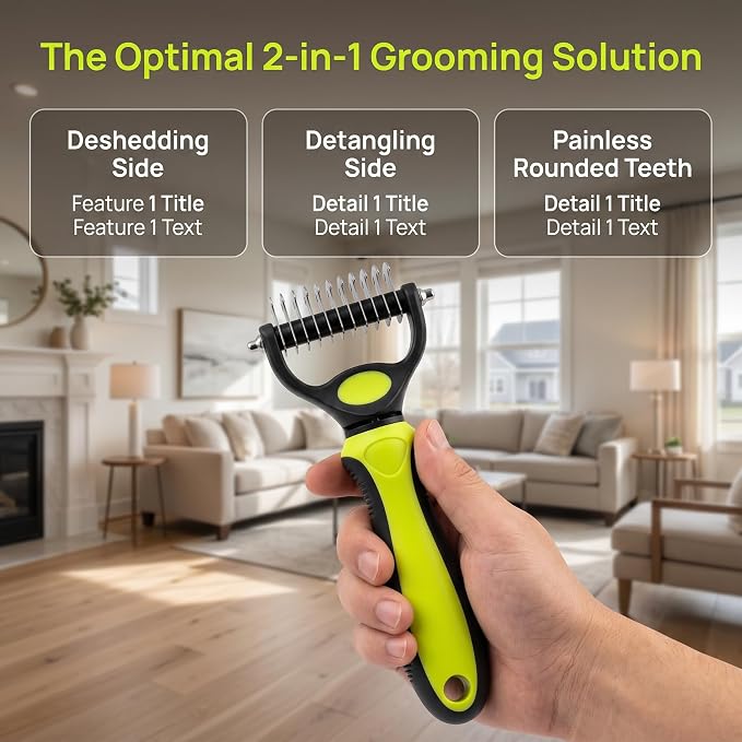 2pc Double-Sided Dog Brush for Shedding Control & Detangling - Pain-Free Deshedding Tool with Rounded Teeth (Large, Green)