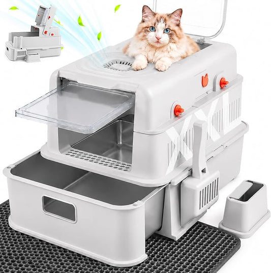 Stainless Steel Enclosed Cat Litter Box with Lid, Front & Top Entry, Drawer & Flip Cover Design, Odor Control Non-Stick Metal Litter Box, Spacious for Large Cats with Scoop and Mat,