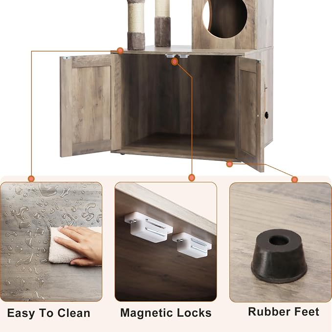 Timberer Litter Box Enclosure with Cat Tree, 2-in-1 Cat Tree Tower, Hidden Cat Litter Box Furniture with Scratching Post, Modern Cat Condo, Grey