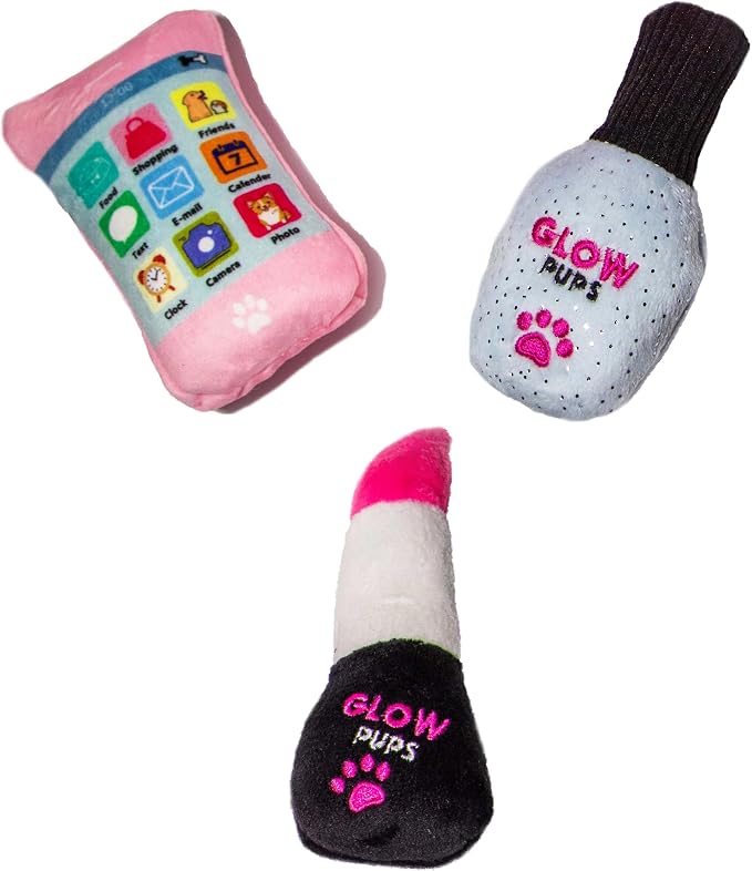 Glow Pups Plush Dog Toy Set, Squeaky Lipstick, Cell Phone and Nail Polish Dog Toys, Crinkle Material, Interactive Fun, Puppy Teething Toys, Pink/Fuchsia (3 Pack)
