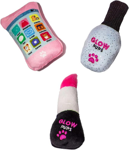 Glow Pups Plush Dog Toy Set, Squeaky Lipstick, Cell Phone and Nail Polish Dog Toys, Crinkle Material, Interactive Fun, Puppy Teething Toys, Pink/Fuchsia (3 Pack)