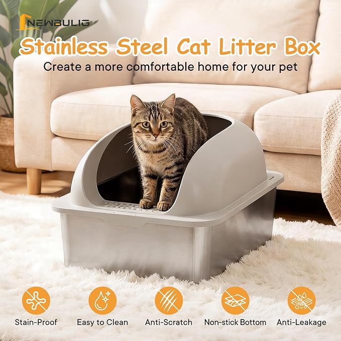 Extra Large Cat Litter Box with Lid, Stainless Steel Cat Litter Box with Scoop and Mat, High Walls for Anti-Urine Leakage, Easy Cleaning, Light Gray