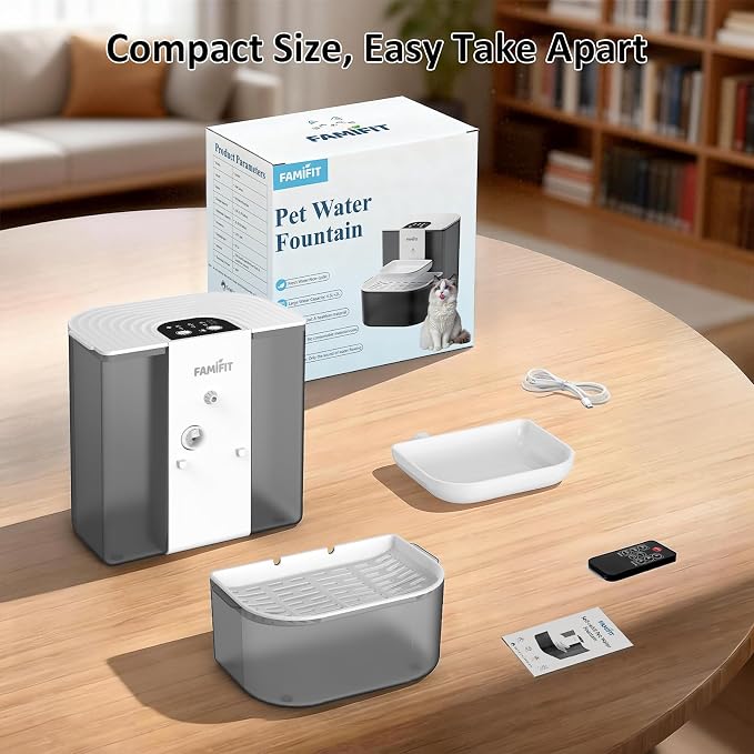 [New Upgrade] Famifit 4.5L+2L Heated Automatic Cat Water Fountain, 4000mAh Battery, Warm Water Option, Timed & Measured Control, Clean Water System, No Filter, Ceramic Bowl, Plug-in Recommended