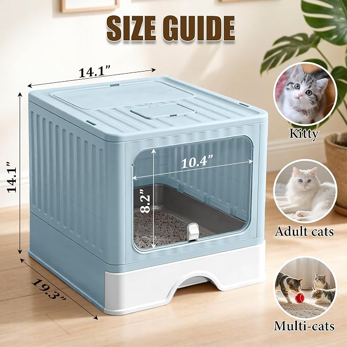 Stainless Steel Cat Litter Box With Lid, Top & Front Entry Enclosed Metal Litter Box, Large Covered Drawer Type Foldable Cat Litter Pan With Litter Scoop & Mat, Easy to Clean,Odor Control (Blue)