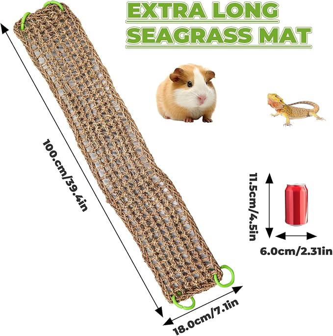 Large Seagrass Mat, Hermit Crab Climbing Toys, Bird Perches for Cage, Rabbit Foraging Mat, Bearded Dragon Hammock, Rat Cage Accessories, Climbing Rope Ladder Chew Toys for Small Animal