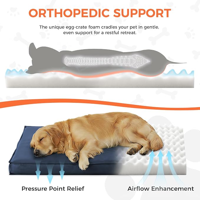 Outdoor Dog Bed Large Sized Dog, Waterproof Dog Bed Large, 44x32x3.5 Inch, Orthopedic Dog Bed with Removable Washable Cover, Flat Rectangle Pet Crate Pad for Kennel, Cage, Outside, Navy Blue