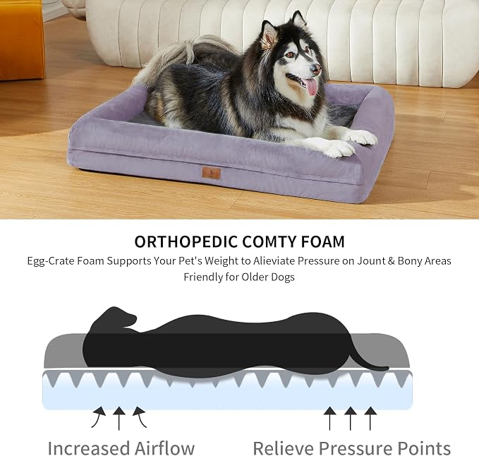 Yiruk Jumbo Dog Bed for Extra Large Dogs, XXL Waterproof Dog Bed with Removable Washable Cover, 4-Sides Bolster Support Pet Couch Sofa with Non-Slip Bottom, Light Purple