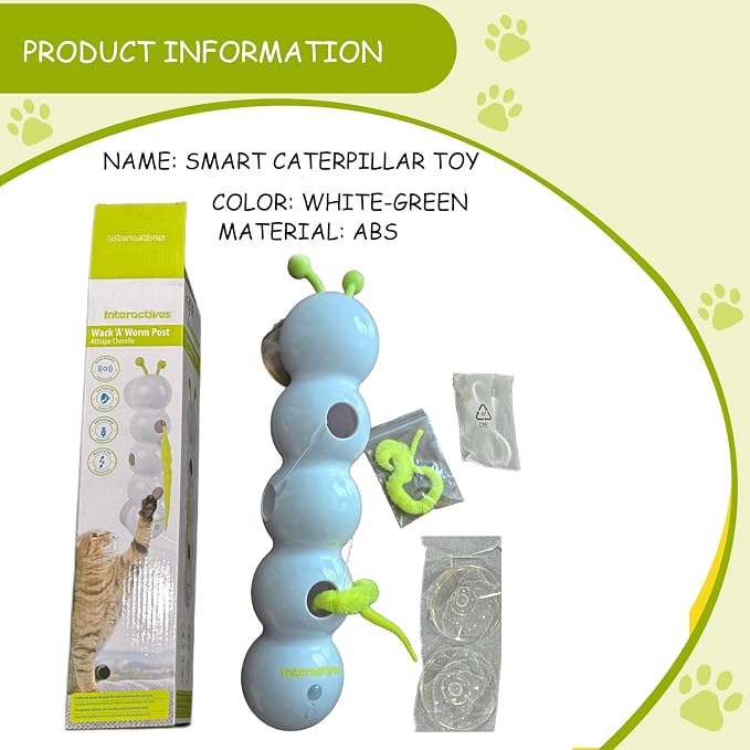 Caterpillar Cat Toy, Interactive with Worm Design, Automatic Cat Toy with Motion Sensor, Replaceable Tails Bite Resistant USB Rechargeable Teaser with Suction Cup,Indoor Cats for Daily Play