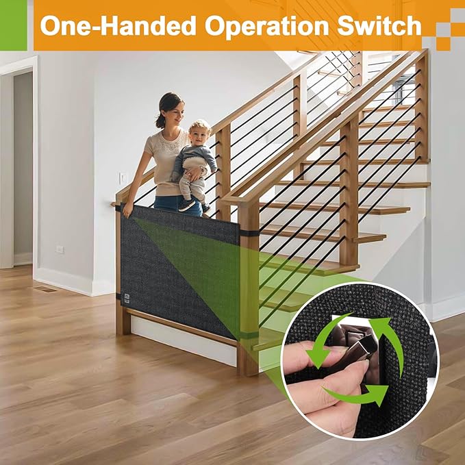Baby Fabric Gate for Stairs Banisters - Dog and Pet Safety Barrier Gates for Stairway - No Drill Banister to Banister Baby Kids Gates for Stairs (Dark Gray, Wide 40" to 48" Height 34")