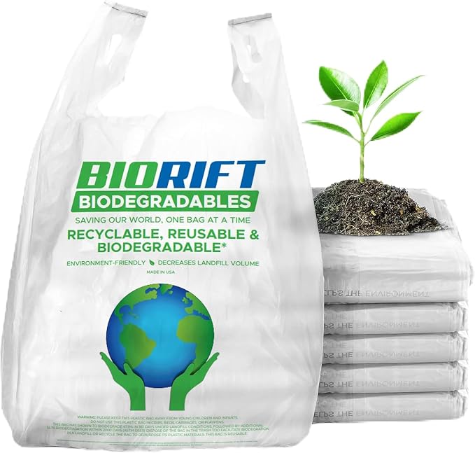 BioRift T Shirt Grocery Bags - 100% Biodegradable & Eco Friendly – Reusable Supermarket Small Trash Bags - Extra Strong Thank You Plastic Shopping Handles - Recyclable For Dog & Cat Poop (500 Count)