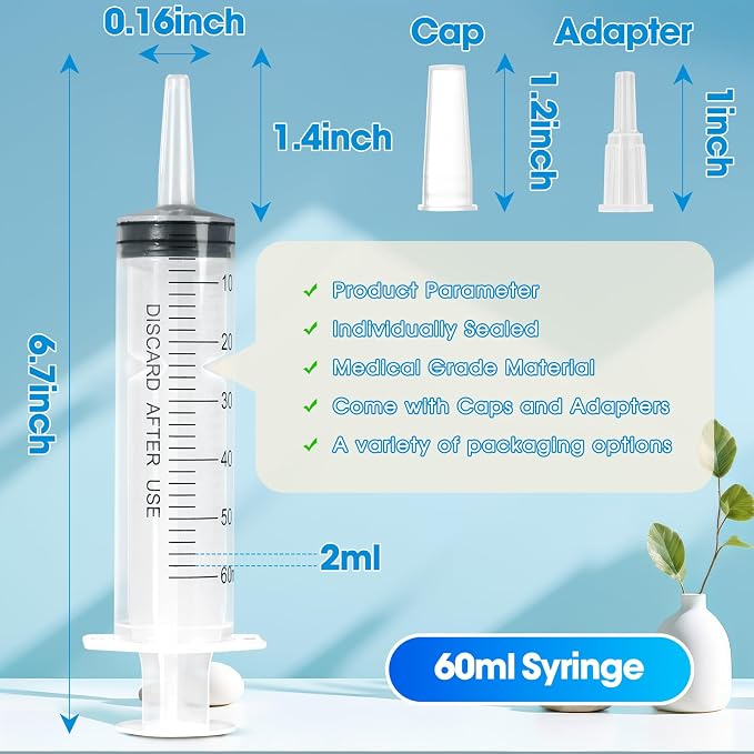 60ml Syringe for Liquid,20 Pack Large Plastic Syringes with Adapters and Cap,Individually Sealed Syringe for Feeding,Irrigation Water and Scientific Labs