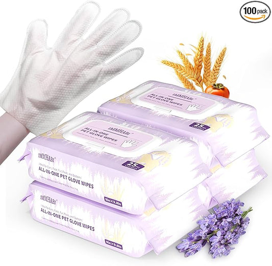 IMMHABI 100 Count Cleaning Deodorizing Pet Glove Wipes for Dogs & Cats, Hypoallergenic Dog Bath Wipes with Natural Deodorizer Persimmon Tannin, Pet Bathing Wipes for Horse Coat Care Lavender Scent