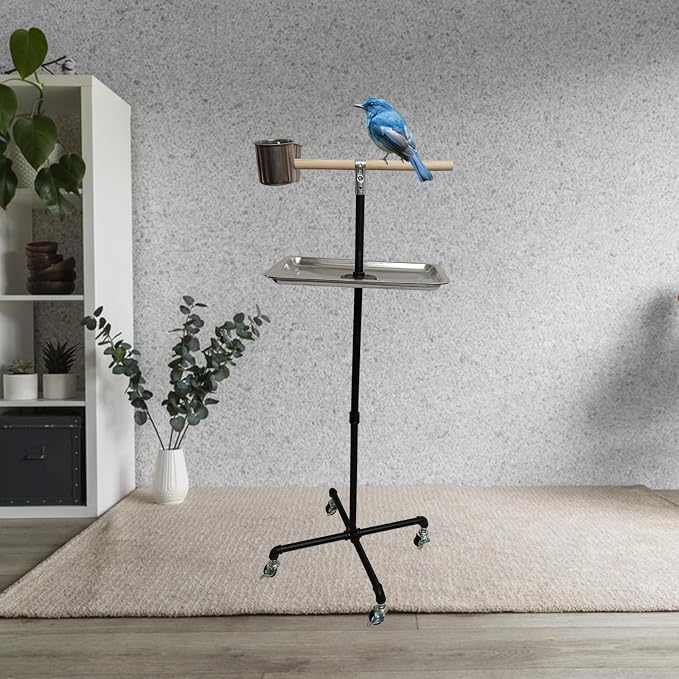 Stainless Steel Tray Bowls Bird Perch Stand,with Wheels Parrot Stand,Parrot Perch Stand 2 Stainless Steel Cups,Bird Play Stand for Indoor Outdoor(Black