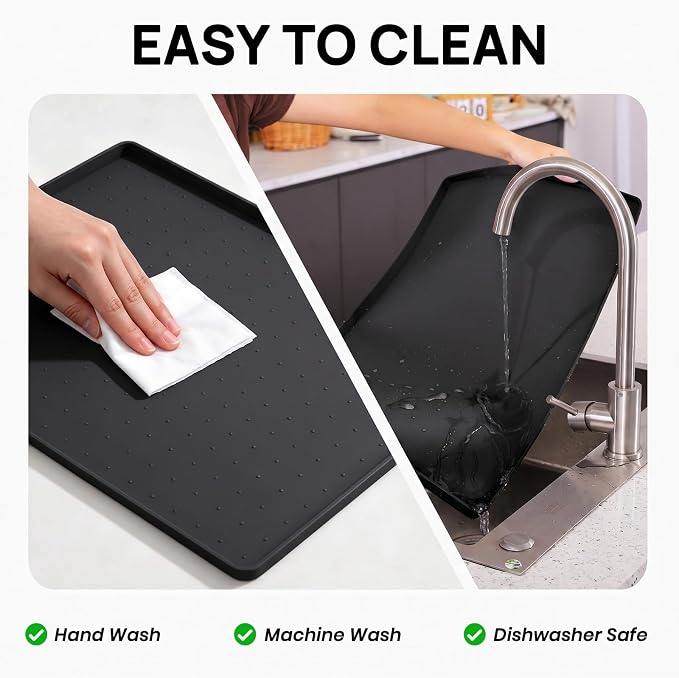 YINEYA 2 Pack Silicone Dog & Cat Food Mat Waterproof 22" x 14", Raised Edge Dog Bowl Mat for Food and Water, BPA-Free Non-Slip Pet Feeding Mats for Floors, Multifunctional Silicone Mat (Black)