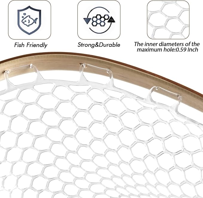 Riverruns Fly Fishing Net Landing Net Wooden Net Soft Rubber Mesh Trout Net Freshwater Saltwater Fishing Net with Safety Cord Net Gifts for Father Men