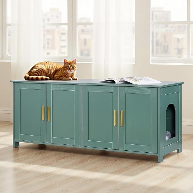 VEVOR Cat Litter Box Enclosure for Multi Cats, 47.2 in Hidden Litter Box Cabinet with 4 Doors & 2 Entries, Indoor Cat Washroom, Wooden Kitty House Furniture Side Table, Fit Most Litterboxes, Green