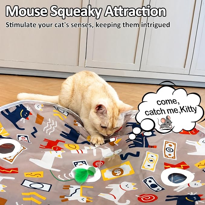 Cat Toys for Indoor Cats, Interactive Ball & 9 Holes Play Mat, Hide-n-Seek Exercise Game, Automatic Ball in Pouch, Mouse Squeaky Stimulating Toy, Motion Activated Kitten Enrichment Toys