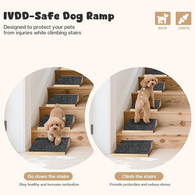 4-Pack Wooden Dog Ramp for Stairs, Anti-Slip Pet Steps for Small Dogs with Carpet Surface, Low-Angled Pet Ramps for Staircase, Steps and Stairs Assist for Injured & Aged Pets, Stairs Ramp for Dogs