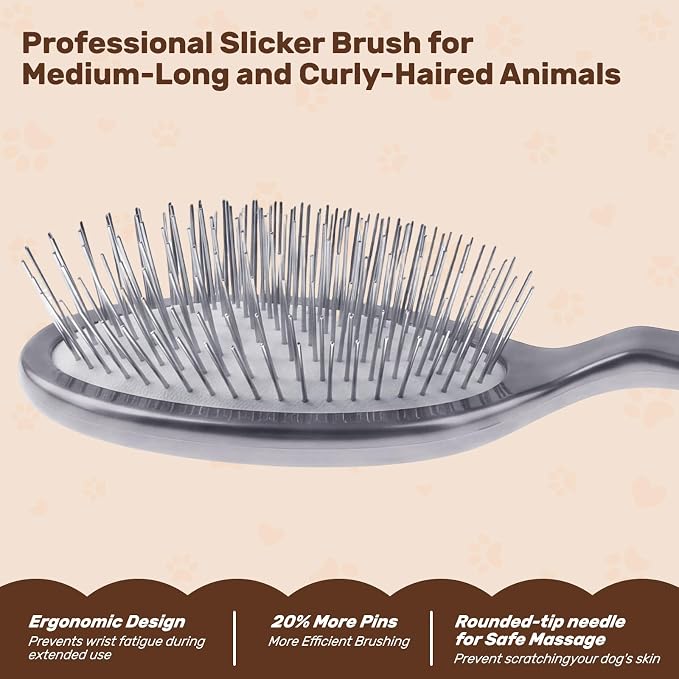 Slicker Brush for Dogs, Professional Pet Grooming Brush, 27mm Oval Stainless Steel Pin, Sparkle Glitter Handle, Anti-Static Round-Tipped Pins, Gentle Massage & Shedding Comb for Long Haired Dogs