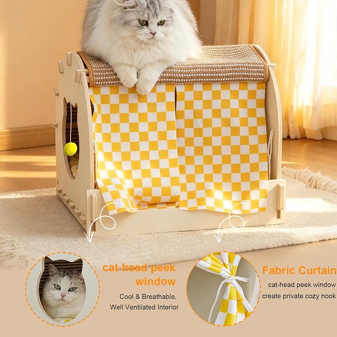 VARMTOR Cat Scratcher House, Cat Cave Wood, Cat Hiding Box Modern Kitten Bed with Scratch Pad and Fluffy Ball, Wooden Frame with Cushion and Curtains (M, Semicircle)