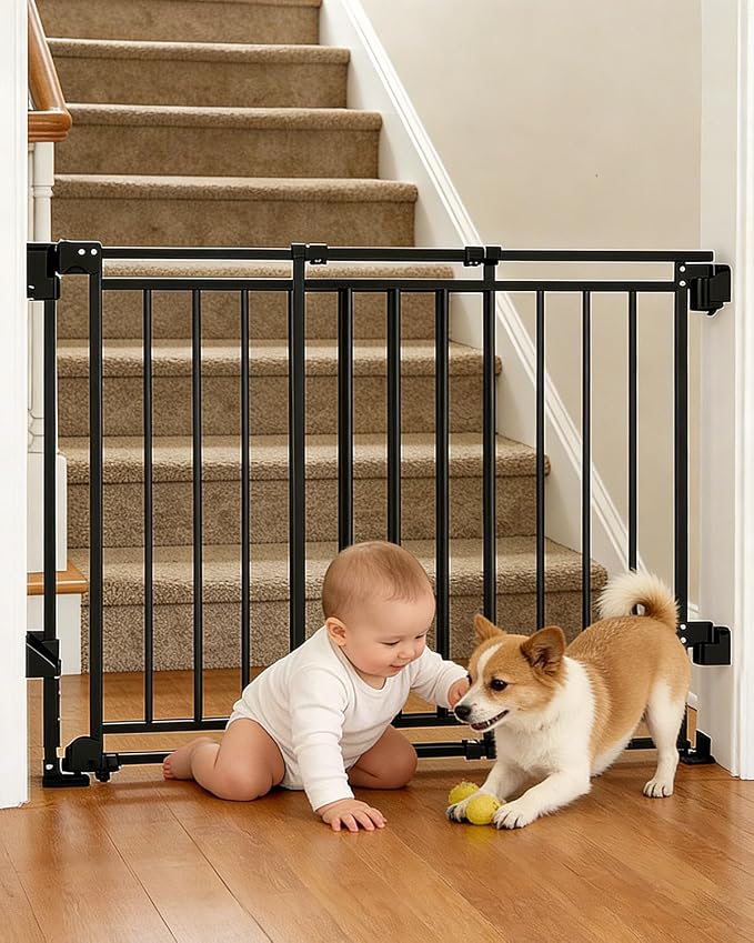 Extra Wide Baby Gate for Doorways 29" Tall Safety Gate for Kids&Pets,Pressure Mounted with Auto Close,Walk-Thru Metal Gate,Adjustable Width 26.4"-43",Indoor Pet Gate for Stairs & Hallways Black