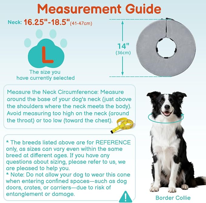 Sponge Dog Cone After Surgery, No Inflation Required Dog Donut Collar to Stop Licking, Inflatable Cone Alternatives for Large Pets, Soft Recovery Collar with Protective Shield (Grey, L)