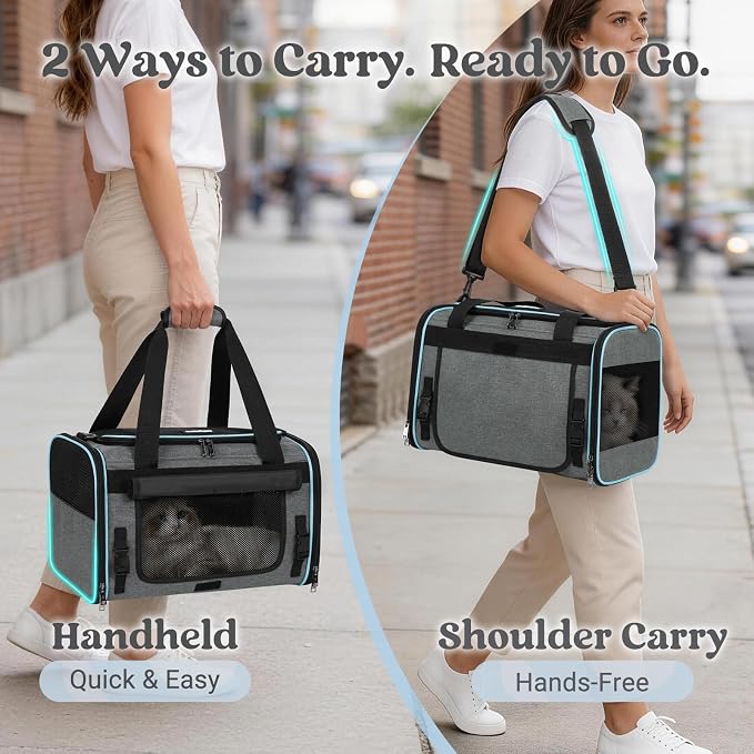 rabbitgoo Cat Carrier Soft, Pet Bag with Rollable Flap for Anxious Kittens, Travel Safe for Car Airline, Collapsible Portable Carrying for Small to Medium Cats, Grey, 17" L x 11" W x 11" H