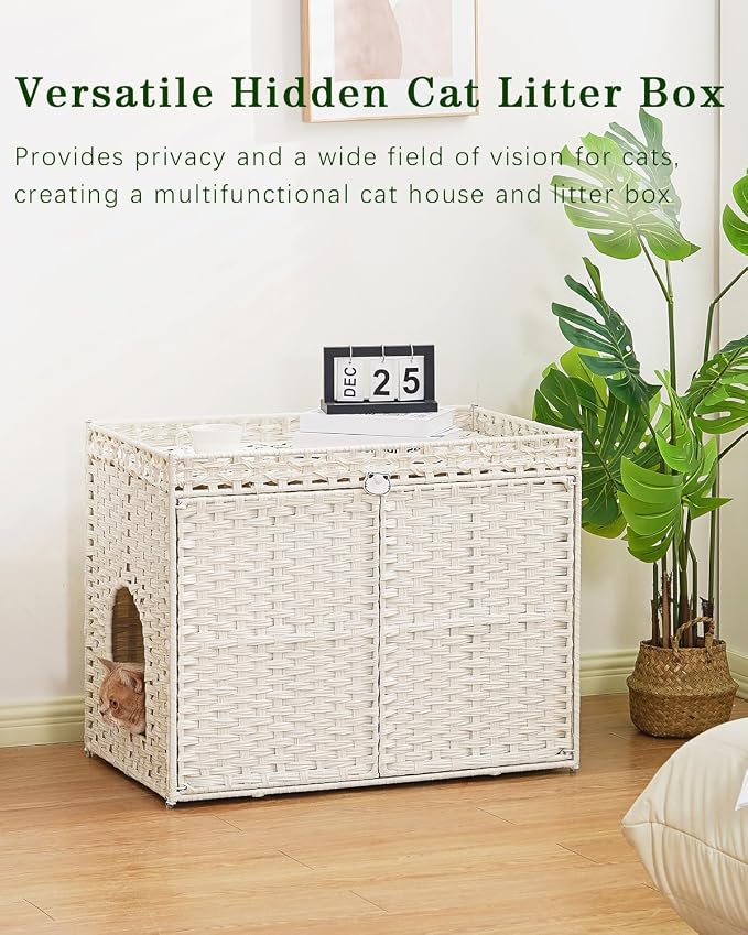 SETVSON Cat Litter Box Enclosure Furniture, Handwoven Rattan Hidden Litter Box with Mat, Large Space Cat House with 2 S-Shaped Hooks 30.3 x 18.3 x 24.4 Inches, Indoor for Living Room Apartment White