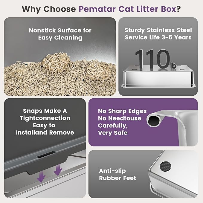 XXXXX+L Stainless Steel Cat Litter Box with Lid, 28" L x 20" W x 16" H Metal Litter Box with Hight Sides for Big Cats & Multiple Cats, Never Absorbs Odors, Anti-Urine Leakage, Easy Cleaning (Gray)