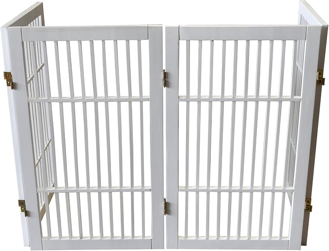 Urnporium Pet Dog Gate Freestanding, Strong Durable Folding Wooden Fence, Portable Acacia Hardwood Safety Barrier for Indoor & Outdoor Use (White Pet Gate, 4 Panel 30" Tall)