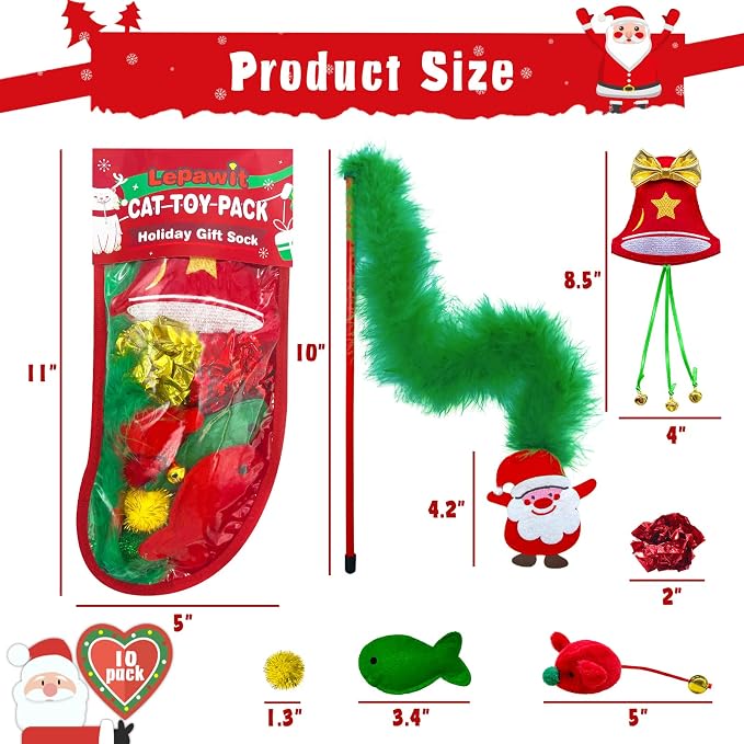 Cat Christmas Stocking, 10 Pack Christmas Cat Toys for Indoor Cats, Includes Catnip Toys, Balls and Feather Toys, Great Value