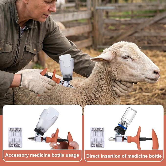 5ML Livestock Syringe, Automatic Self Refill Syringes Continuous Repeating Adjustable Bottle Attachment Livestock Animal Injection Gun with 10 Needles, for Chicken, Duck, Pig, Sheep, Cow Poultry