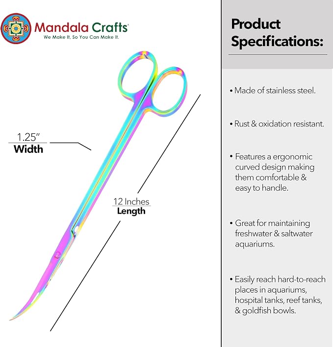 Mandala Crafts 12 Inches Rainbow Stainless Steel Curved Aquarium Scissors for Trimming Aquatic Plants – Bent Aquascape Scissors for Fish Tanks, Hospital Tanks, Goldfish Bowls, and Terrariums