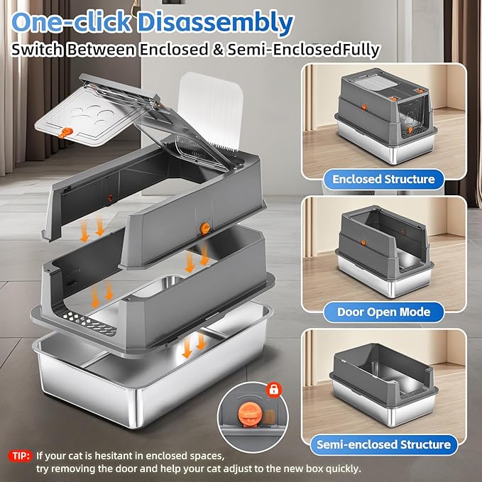 Stainless Steel Litter Box with lid,165° Flip-Top Large Enclosed Cat Litter Box with Metal Litter Scoop & Cat Litter Mat.Non-Sticky, Non-Odor, Easy Cleaning-Dark Grey