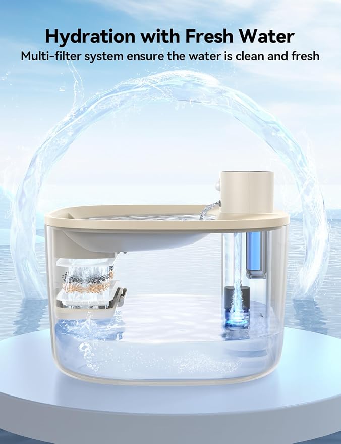 Pumpless Wireless Cat Water Fountain, FEELNEEDY 4L Battery Operated Pet Water Fountain for Cats Indoor, Motion Sensor Cat Drinking Fountain (Beige with 1Pack Filters)