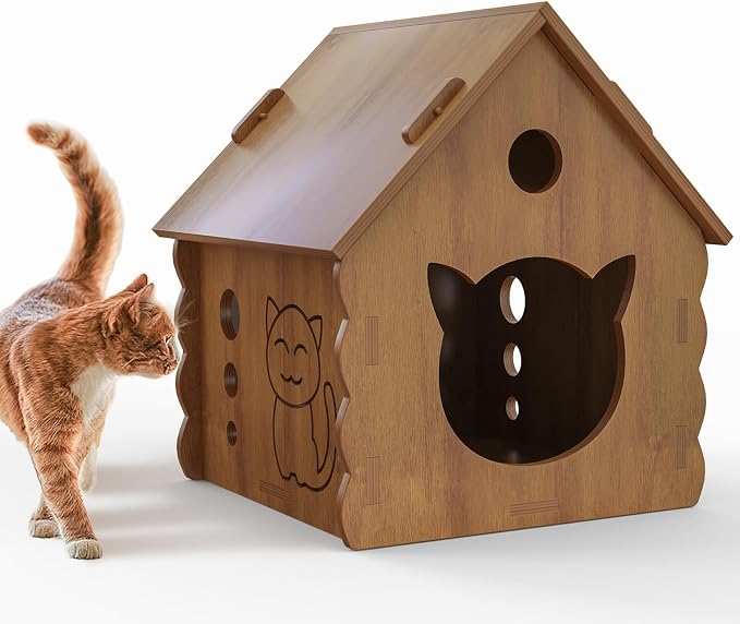 Cute Gable Roof Small Wooden Cat House, Indoor Outdoor Multi-Ply Wood Cat Shelter with Rainproof Windproof, Easy Assemble Move & Clean, Breathable Cat Hut for Kittens (Brown)