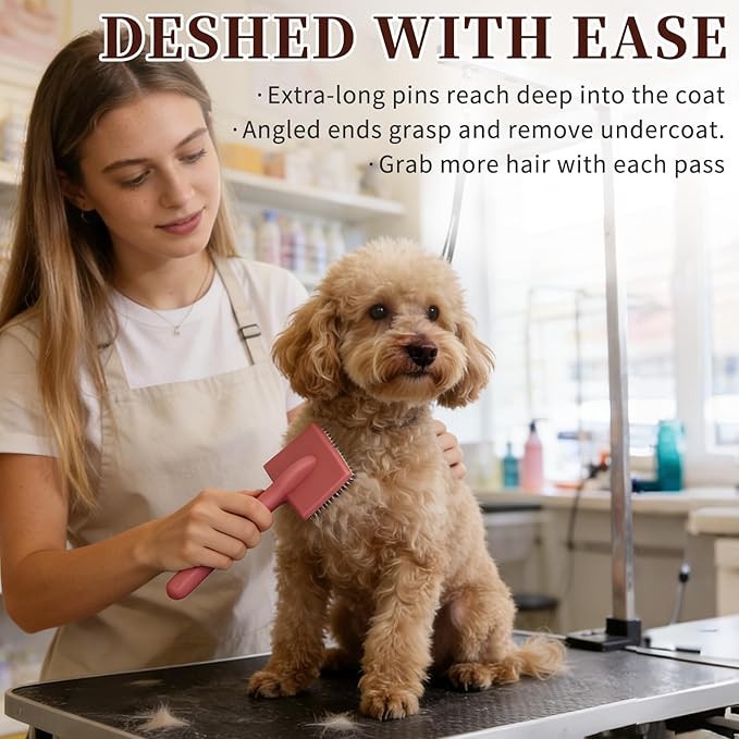 Ergonomic Slicker Brush for Dogs - Deshedding Tool for Thick Undercoat, Grooming Brush for Large Dogs (Samoyed), Easy-Clean, Red Large
