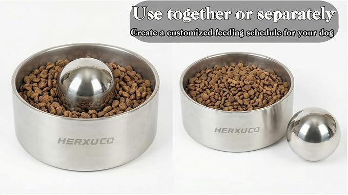 Stainless Steel Dog Slow Feeder Set – 2-in-1 Pet Bowl 42oz & Slow Feeder Ball 3in – Spherical Design Slows Eating & Use Separately or Together (Medium)