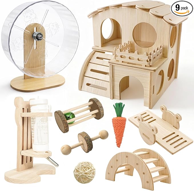 Hamster Cage Accessories Set ，Silent Exercise Wheel, Maze Wooden Hideout, Water Bottle with Holder, Chew Toys & Interactive Platform for Hamsters, Mice, Gerbils (All-in-One Habitat Enrichment Kit)