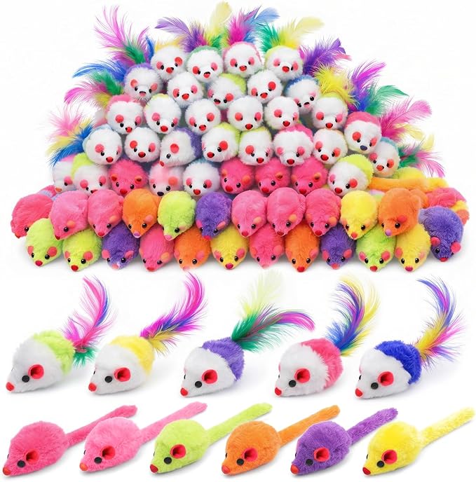 120 Pcs Fur Mice Cat Toys Furry Rattle Mouse Kitten Toy Assorted Interactive Cat Toys with Feather Tails for Indoor Cats Interactive Play Color Varies