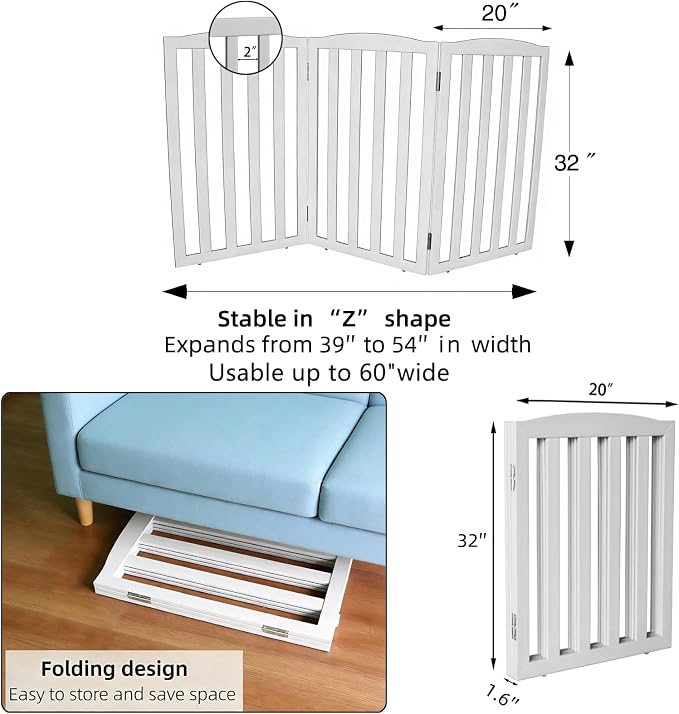 Freestanding Dog Gate Indoor,Doggie Gate Foldable Pet Gates for Doorways,Stairs or Hallways, Wooden White Pet Gate for the House, Pet Fence,32 "Height-3 Panels