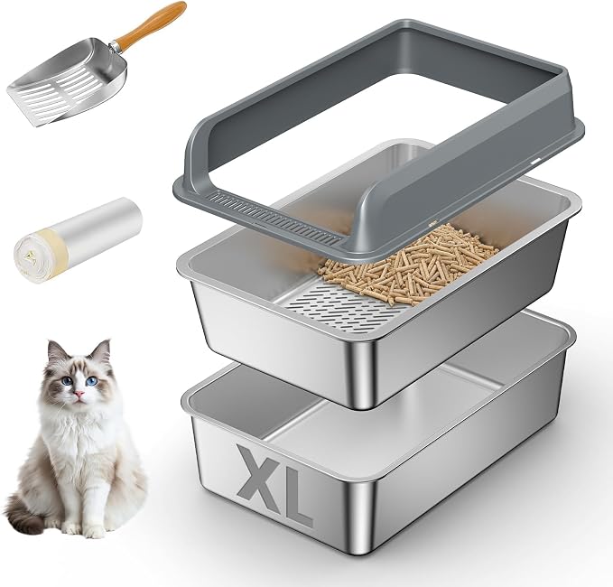 All Stainless Steel Sifting Litter Box with Lid,XL Extra Large Metal Sifting Cat Litter Box for Pine Pellets,High Sides Sifter Litter Pan System for Big Cats,Odor Control,Sifting Box Liners and Scoop