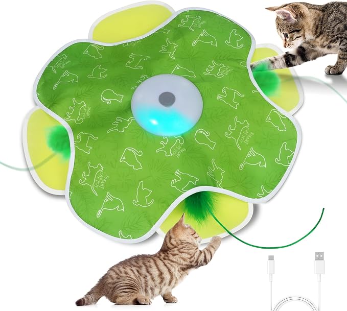 Saolife Interactive Cat Toys with Moving Feather Concealed in Mat, Rechargeable Cat Exercise Toys for Bored Cats with Motion Activated, Mouse Squeaky (Green)