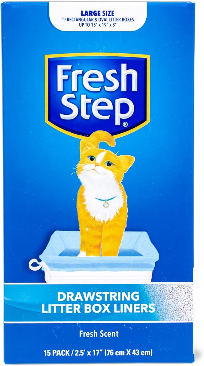 Fresh Step Drawstring Cat Litter Box Liners Scented Heavy Duty Kitty Litter Bags Large Oval or Rectangle Pans Contains Odor and Mess Easy Lift Out Cleanup 30 x 17 IN 15 Count 12 Pack