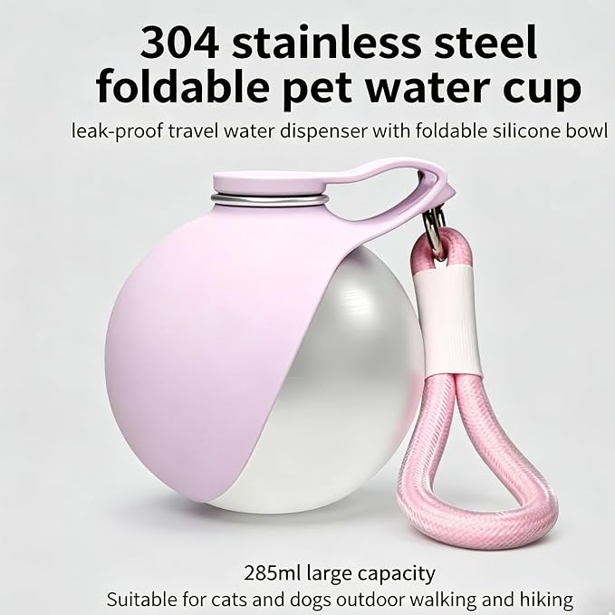 Portable Dog Water Bottle, 304 Stainless Steel Foldable Pet Water Cup, Leak-Proof Travel Water Dispenser with Foldable Silicone Bowl, 285ml Large Capacity for Dogs Cats Outdoor Walking Hiking